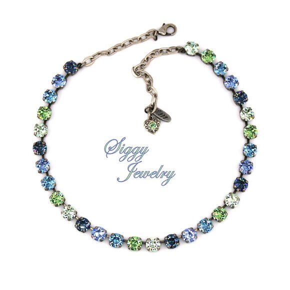 Light Sapphire Blue and Green Tennis Necklace made with Austrian crystals - Picture 1 of 6